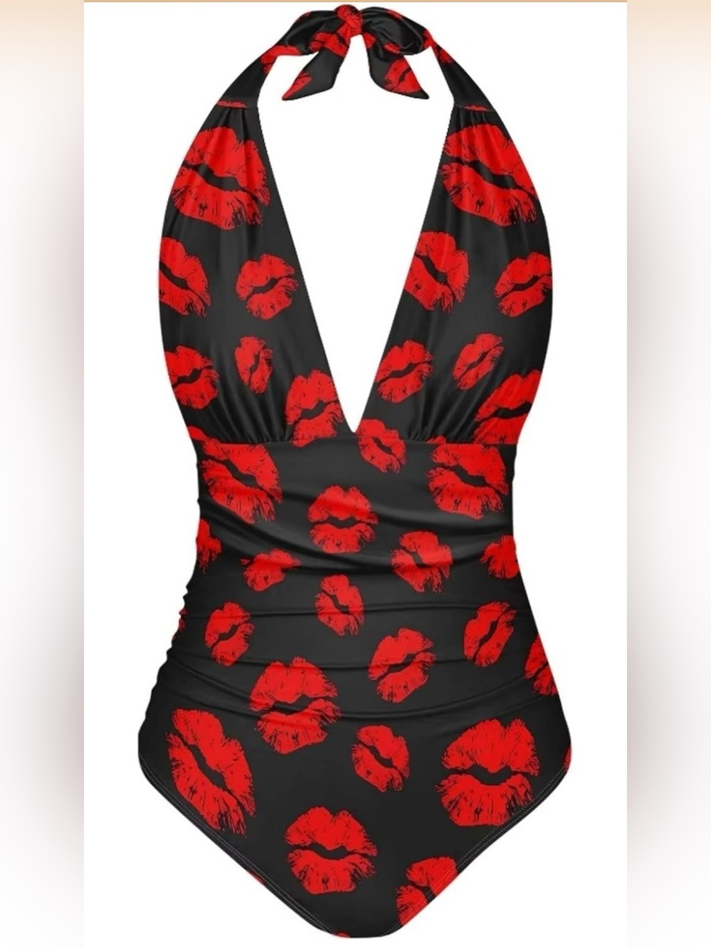💋Halter One-Piece Tummy Control Slimming Swimsuit with Red Lip Print -SZ L-NWOT